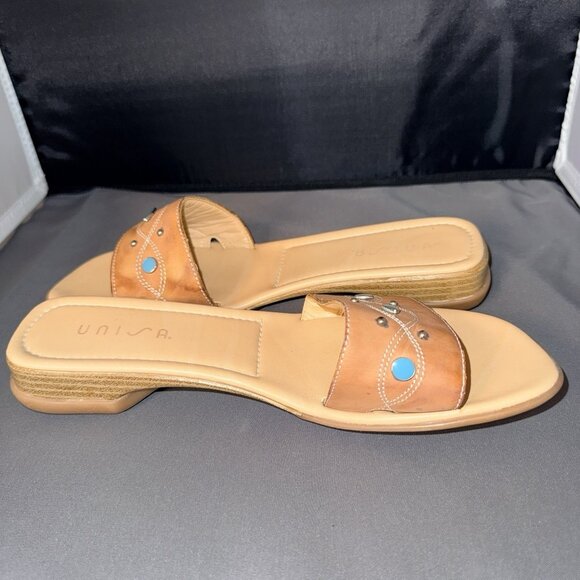 Unisa TONKA Slide Sandals Women’s 7B Chunky Heel Brown Leather Beaded Spain - Picture 3 of 5